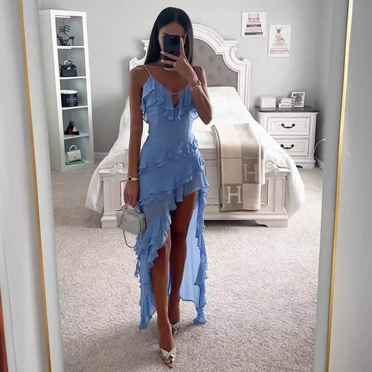 Summer Hot  Sexy Camisole Fashion Asymmetric Irregular Solid Color V-neck Dress Formal Tie Holiday Beach Dress