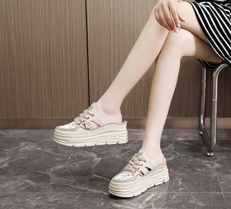 Estate nuovi sandali da donna moda traspirante aumento Baotou Semi-pantofole donna piccola scarpa bianca sandali Sexy Zapatillas