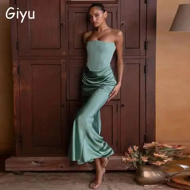 Giyu Sexy Satin Evening Club Abiti da festa Donna 2025 Estate senza spalline con spalle scoperte Lisca di pesce increspato Maxi abito lungo Abito elegante