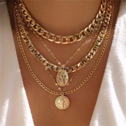 Collana con ciondolo moneta con ritratto di testa a catena spessa con piatto in oro punk vintage per gioielli hip-hop geometrici multilivello di moda da donna