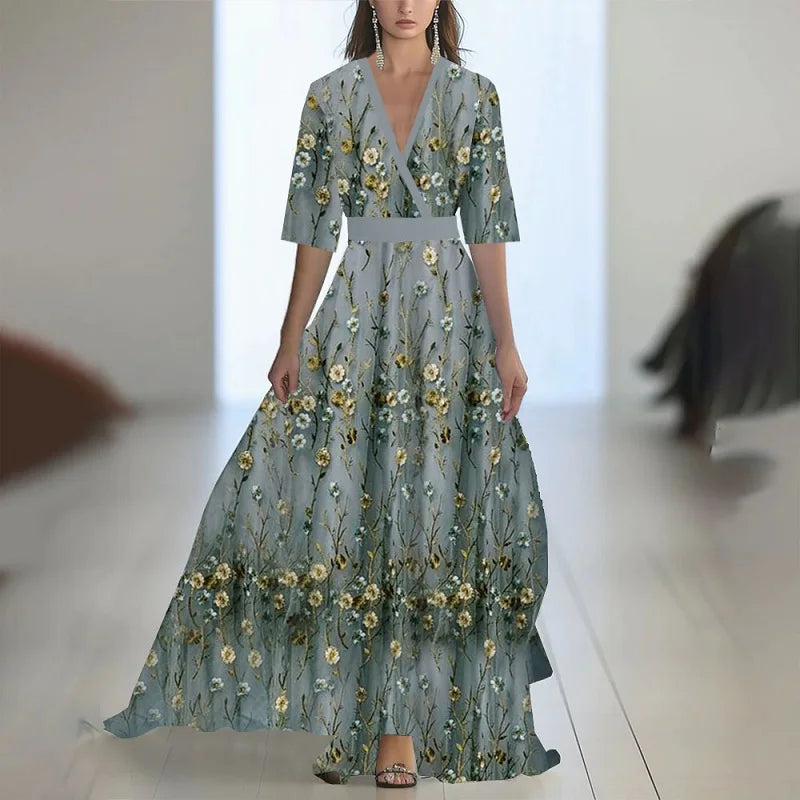 Abito bohémien patchwork con stampa floreale alla moda Donna Abiti lunghi sexy con scollo a V profondo Abiti lunghi larghi con maniche a sbuffo della nuova primavera