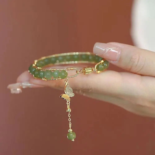 Bracelet perles rondes de jade pour femmes, manchette magnétique, pendentif papillon, chaîne de main, bijoux raffinés en émeraude, cadeau d'anniversaire