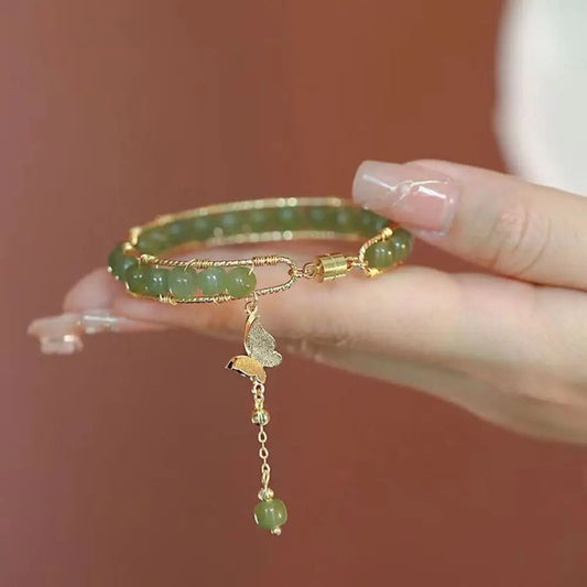 Bracelet perles rondes de jade pour femmes, manchette magnétique, pendentif papillon, chaîne de main, bijoux raffinés en émeraude, cadeau d'anniversaire