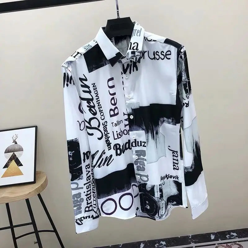 Primavera autunno Y2K Hippie moda camicia a maniche lunghe uomo Casual allentato stampa Harajuku top bottone Patchwork tutti i vestiti maschili abbinati