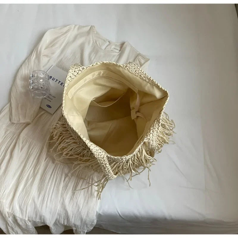 Borse a tracolla da donna in tessuto con nappe casual Borse da donna con frange fatte a mano Borsa tote grande da spiaggia estiva Borsa shopper grande per le vacanze