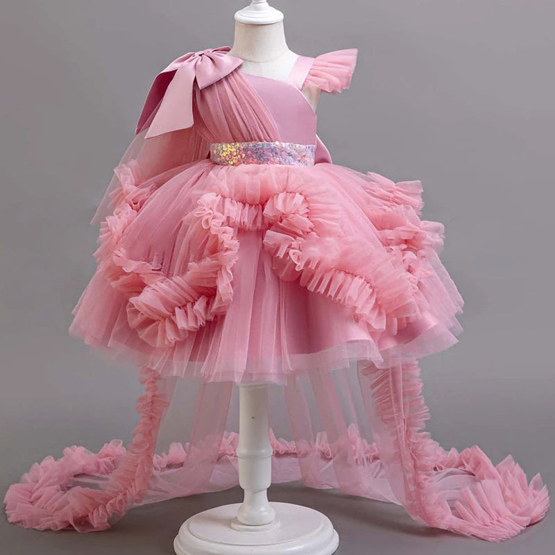 KLFLGD Nuovi abiti da festa per ragazze estive Abito da festa elegante da sposa per ragazza di fiori Abito da coda in tulle rosa per ragazza di 2-6 anni