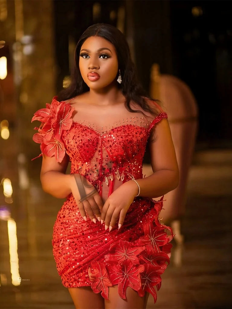 Caroline Bling Paillettes Abiti da ballo per le donne Pieghettato Fiori 3D Dubai Abito da sera formale Vestido De Formatura Personalizzato