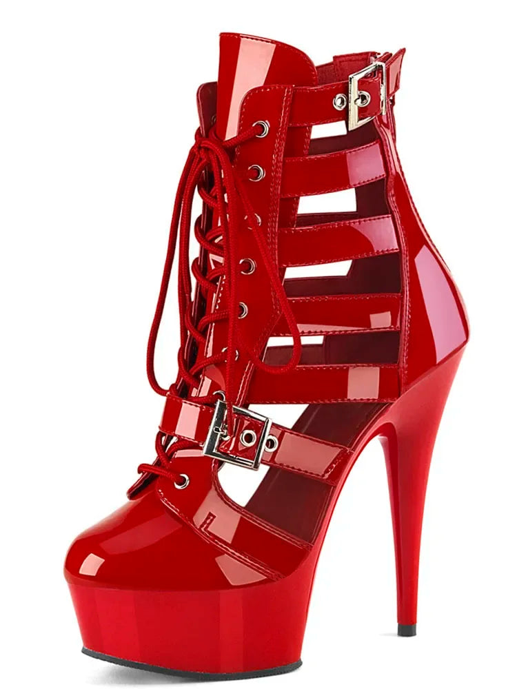8inch Gladiator Women Ankle Boots 17cm Exotic Thin Heels 20cm Platform Sexy Fetish Shoes Pole Dance Roman Stripper Round Toe