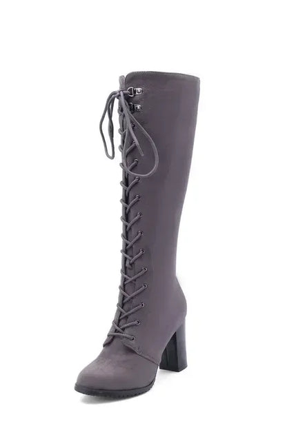 Knee-high Boots Woman Fashion Round Toe High Heeled Thigh High Boots Female Winter Warm Long Boots Grey Black Size 34-43