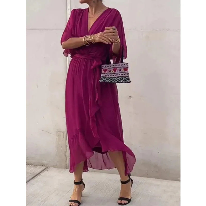 Abiti da festa eleganti in chiffon solido per le donne Sexy scollo a V maniche a pipistrello Lace Up Ruffles Abito lungo irregolare Abito casual Femme