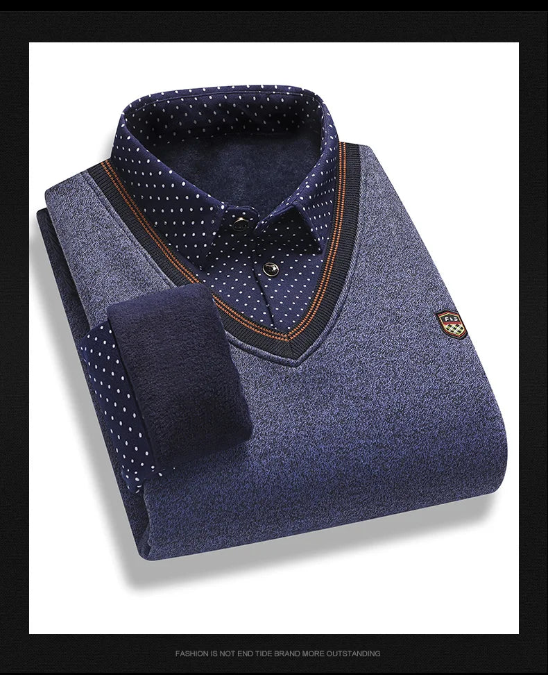 Maglione di peluche da uomo autunno inverno falso pullover in due pezzi polo colletto in pile spesso caldo top vestiti maglioni casual