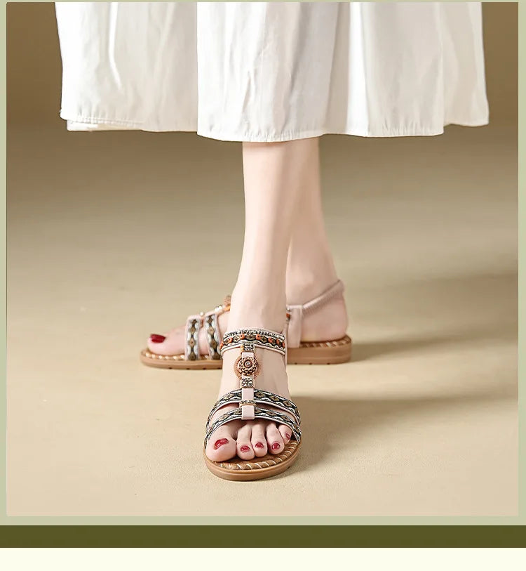 Elegante Damen-Sommersandale im Bohemian-Stil, rutschfest, bequem, für Alltag, Urlaub, flache Strandschuhe