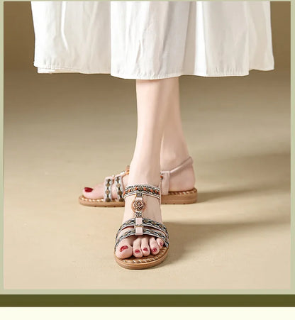 Elegante Damen-Sommersandale im Bohemian-Stil, rutschfest, bequem, für Alltag, Urlaub, flache Strandschuhe