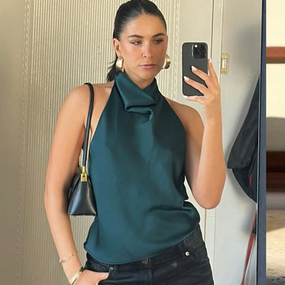 Hauts Femme Sexy Top Satin Licou Femme Mode Solide Élégant Gilet Dos Nu 2026 Nouvel Été Épaules Dénudées Caraco Femme
