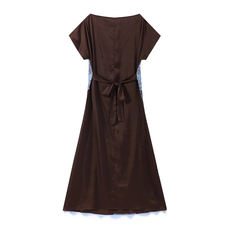 Elegante Abito Lungo da Donna con Pizzo e Patchwork, Vestito Urbano con Collo Asimmetrico e Maniche Corte, Stile Impero, Collezione Estate 2026