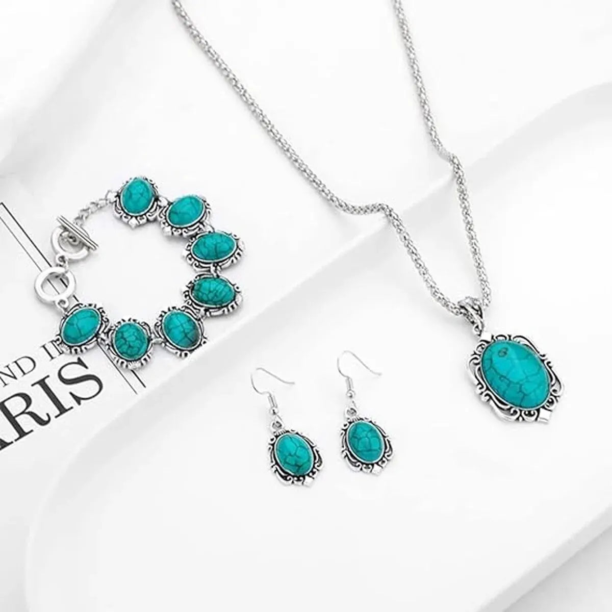 Set di orecchini con collana e bracciale turchese vintage da donna da 3 pezzi, regalo con decorazione in pietra curativa (senza scatola)
