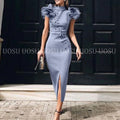 Abiti da ballo a sirena con collo alto perline Ruffles Front Split Satin Women abito da sera formale lunghezza del tè abiti da festa per la madre