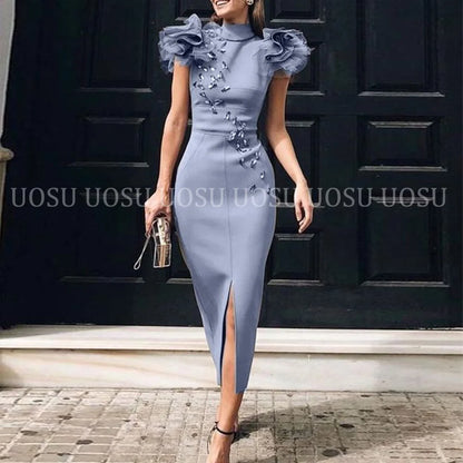 Abiti da ballo a sirena con collo alto perline Ruffles Front Split Satin Women abito da sera formale lunghezza del tè abiti da festa per la madre