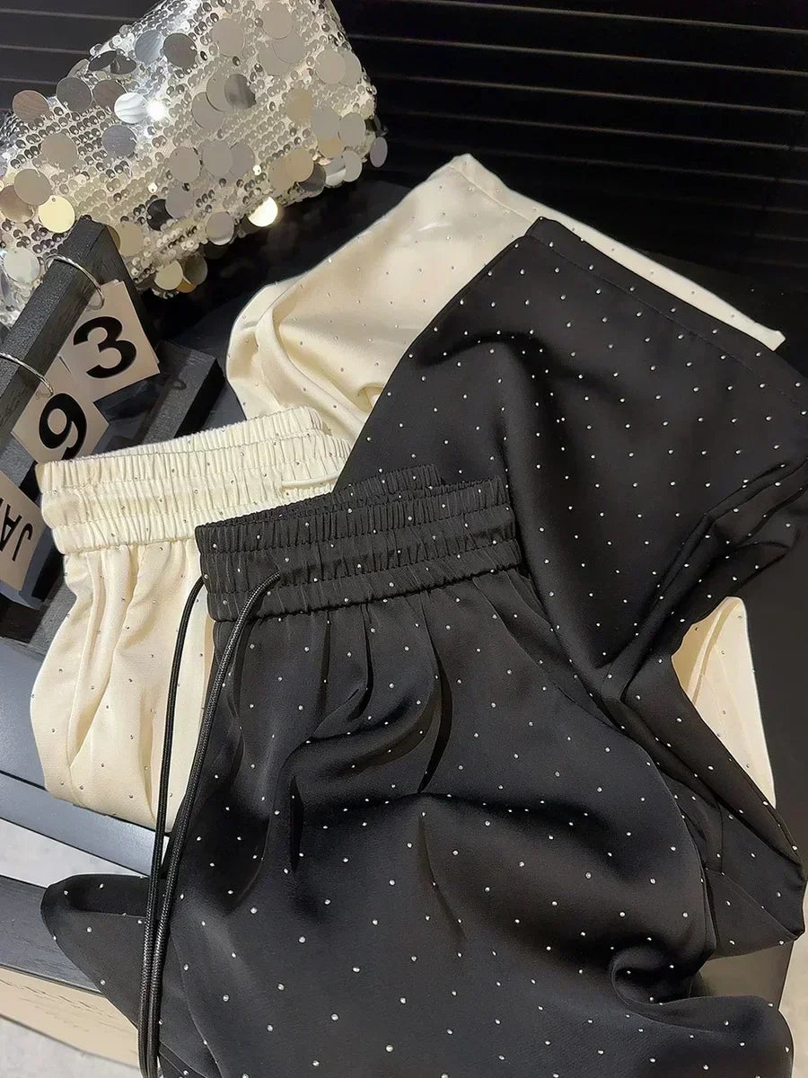 2026 Pantaloni a gamba larga con strass pieni di lusso di alta qualità Moda nuovi pantaloni dritti a vita alta con coulisse Pantaloni casual da donna