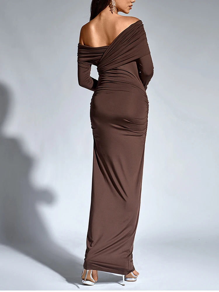 NewAsia Abito lungo da donna a maniche lunghe con collo asimmetrico e monospalla increspato aderente Fashion Club Party Maxi abiti Marrone Autunno