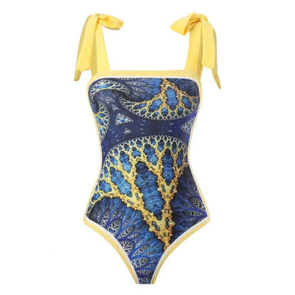 2 pezzi/set costume monokini da donna stampa vintage costume intero con cravatta al collo quadrato con gonna costume da bagno da donna con copertura da spiaggia