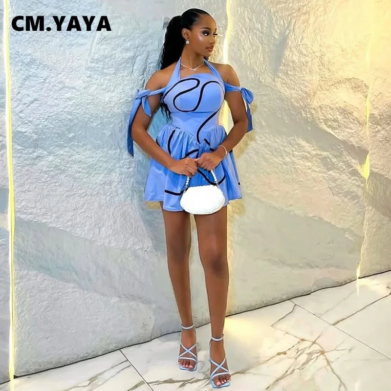CM.YAYA Donne di Estate Bowknot Spalla Halter Neck A Righe Geometriche Grande Altalena Vestito Streetwear Night Club Abiti Da Festa Abiti