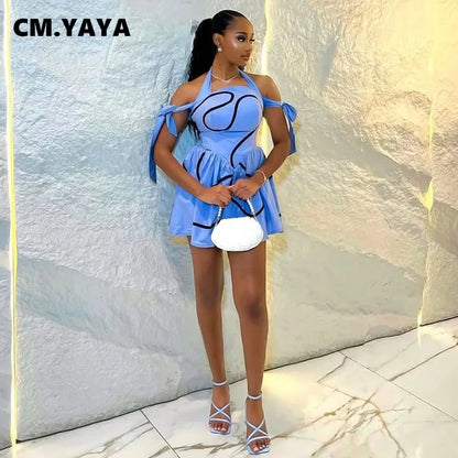 CM.YAYA Donne di Estate Bowknot Spalla Halter Neck A Righe Geometriche Grande Altalena Vestito Streetwear Night Club Abiti Da Festa Abiti