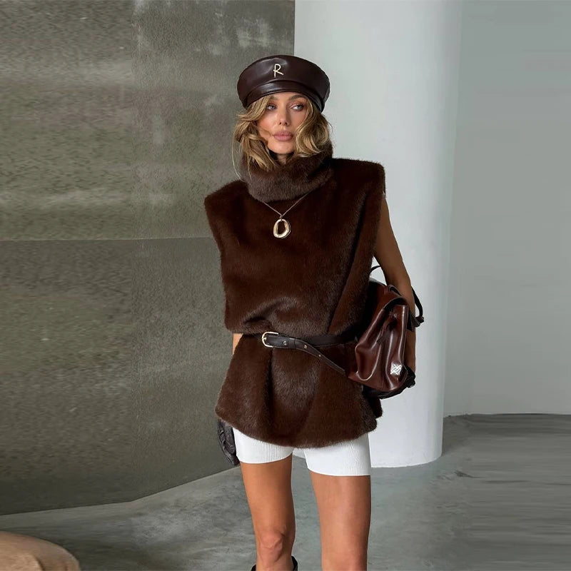 Cappotto da donna in pelliccia sintetica marrone con cappuccio Giacca da tasca a maniche lunghe di lusso oversize Lady 2025 Autunno Inverno Chic Street Capispalla