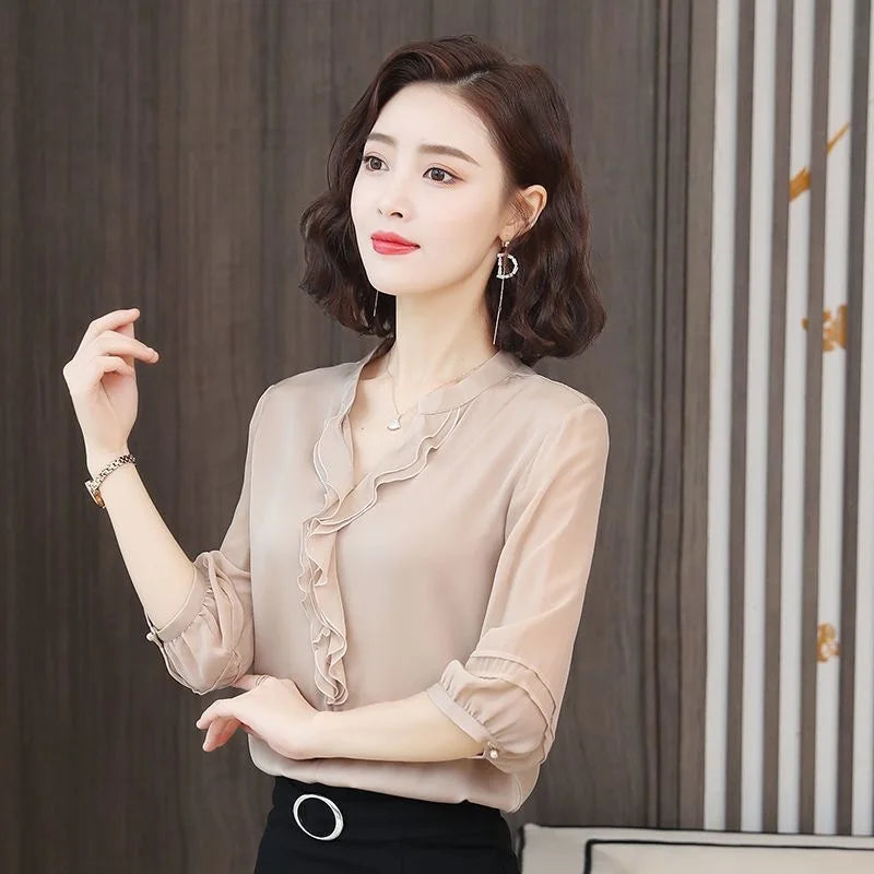 Camicia da donna primaverile ed estiva, scollo a V con maniche a tre quarti, vestibilità ampia e aderente, top con volant, DF3732