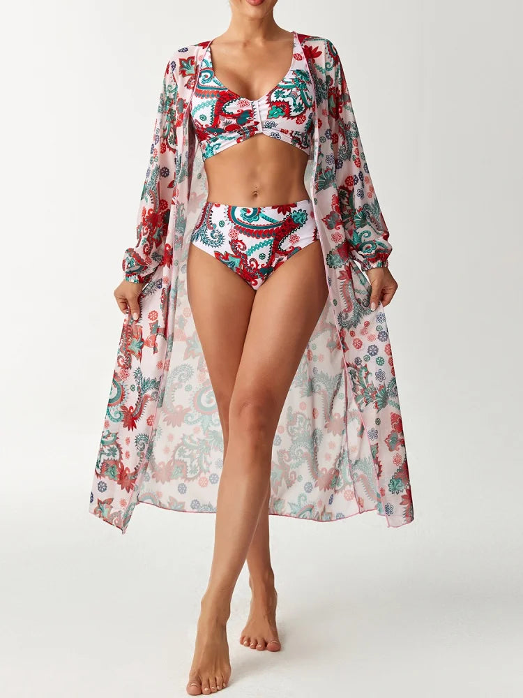 Bikini Damen Badeanzug 2026 Neuer Print Sling Bikini Set Sexy High Waist Bademode Sommer Langarm Mesh Strand Badeanzug Weiblich