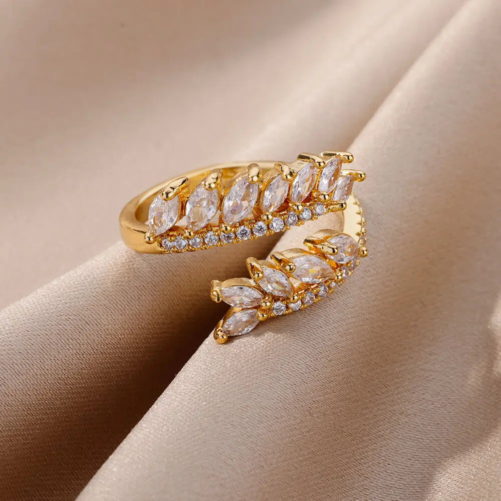 Anelli a foglia a doppio strato con zirconi di lusso per le donne Anello in acciaio inossidabile color oro Boho Coppia gioielli Accessori anelli mujer