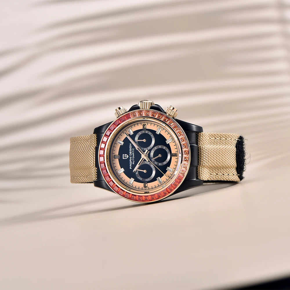 PAGANI DESIGN Orologio meccanico da uomo di lusso 40mm Orologio con cronometraggio multifunzionale Lunetta arcobaleno Vetro zaffiro Orologi da uomo PD1732