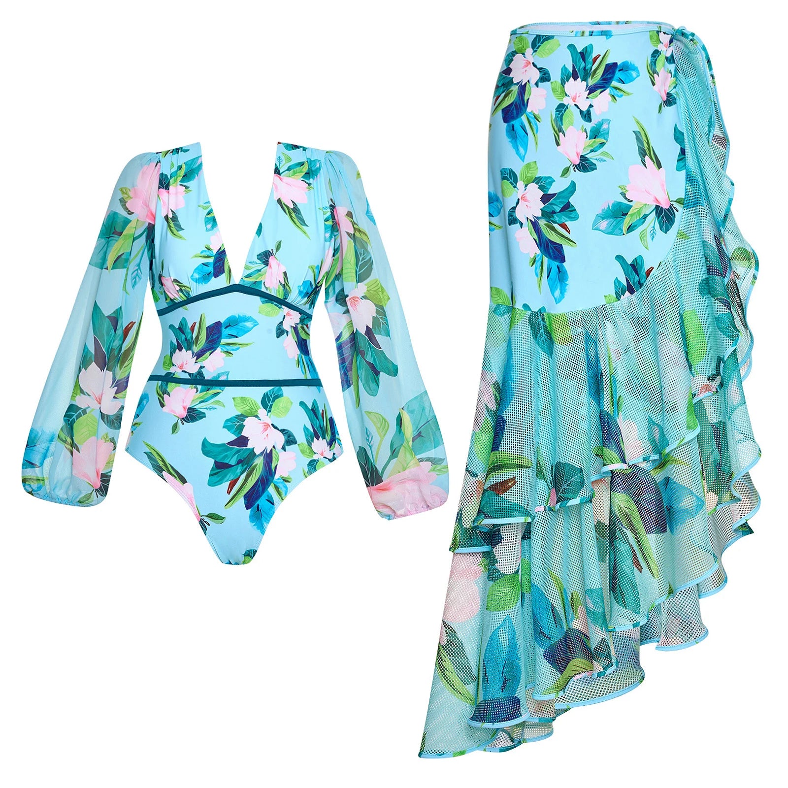 Costume da bagno floreale con stampa floreale con volant monospalla blu Set copricostume singolo micro monokini costumi da bagno sexy per ragazze Summer Beach