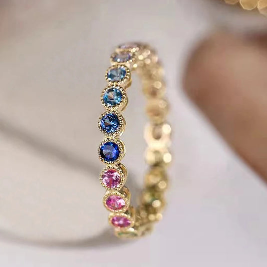 Huitan Anelli di promessa con zirconi cubici arcobaleno colorati per le donne Accessori da sposa alla moda di lusso color oro Gioielli per ragazza