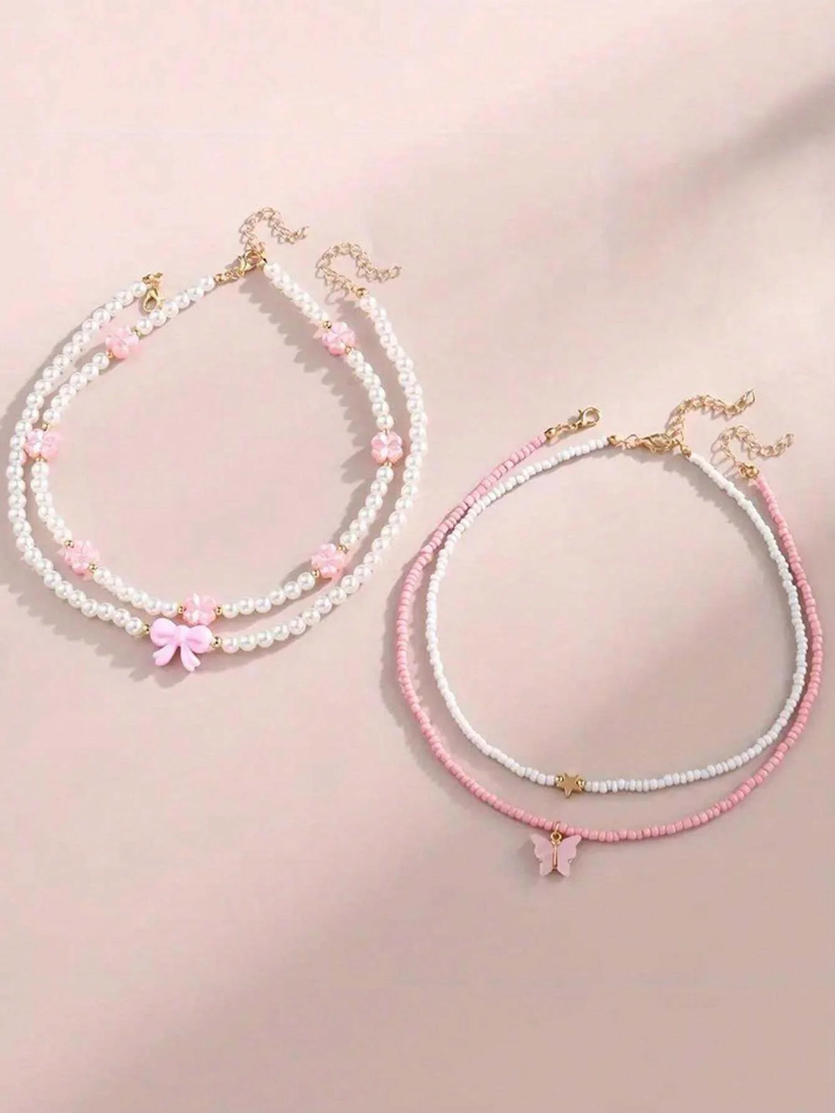 4 pezzi/set set di collane fatte a mano con farfalla, cuore, fiore, perle e perline, per bambini, adolescenti, amicizia, miglior regalo per gli amici