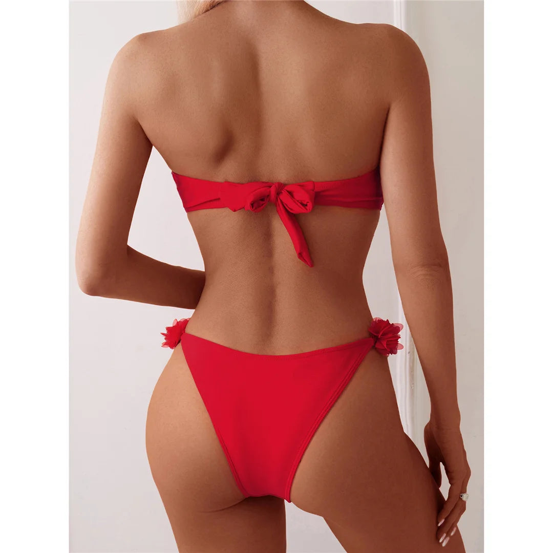 XS - L Fiori 3D Bikini a fascia taglio alto Costumi da bagno donna Costume da bagno femminile Bikini a due pezzi Costume da bagno bagnante Costume da bagno V5961