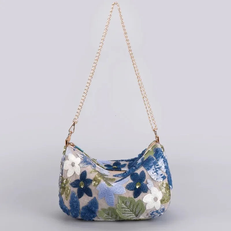 Borse a tracolla da donna con ricamo floreale carino Catene con paillettes alla moda Borsa a tracolla Borsa da spiaggia casual estiva Borsa e portamonete Hobos