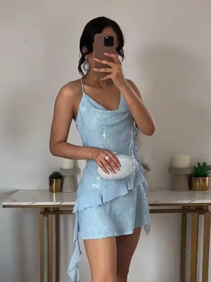 Sexy paillettes volant mini abito fionda donna solido scollo a V senza maniche backless abiti a trapezio 2025 estate signora chic abiti da festa