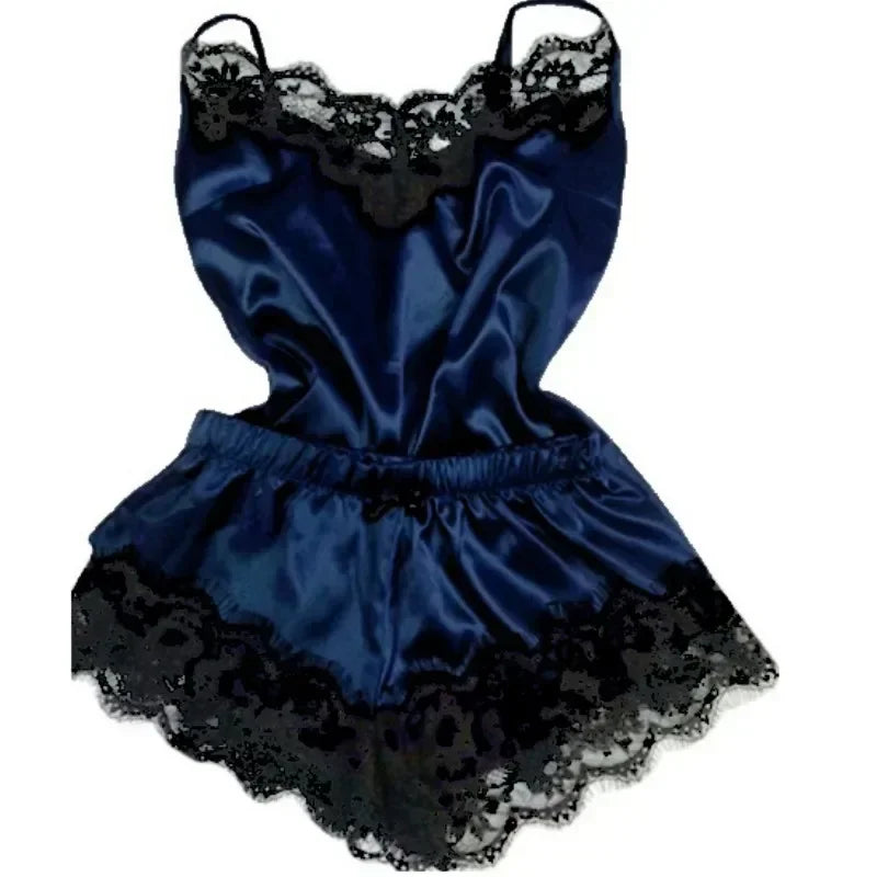Ensemble de pyjama d'été en dentelle et soie pour femme, nuisette sexy avec caraco et short, ensemble confortable et décontracté