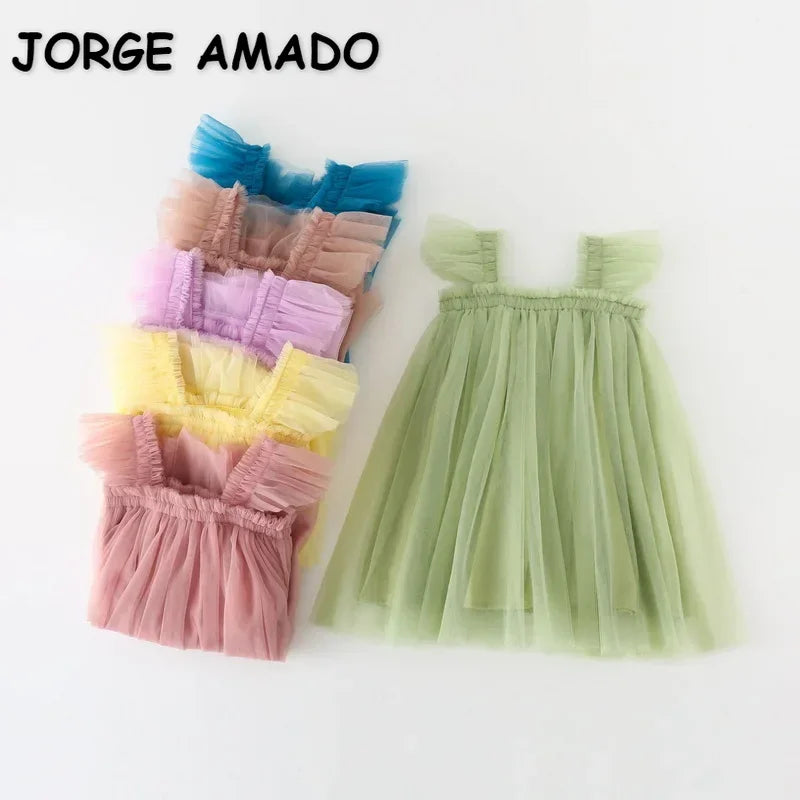 Nuova estate bambini ragazza vestito fionda senza maniche colletto quadrato tinta unita maglia principessa abiti da spiaggia bambino abbigliamento casual E2200