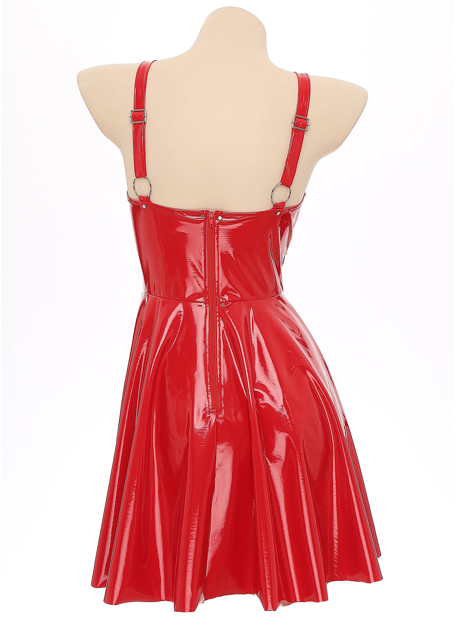 Abito sottoveste in pelle verniciata Sexy effetto bagnato da donna O-Ring rivetti con spalline scollo a V Punk gotico a-line Mini abiti Rave Party Clubwear