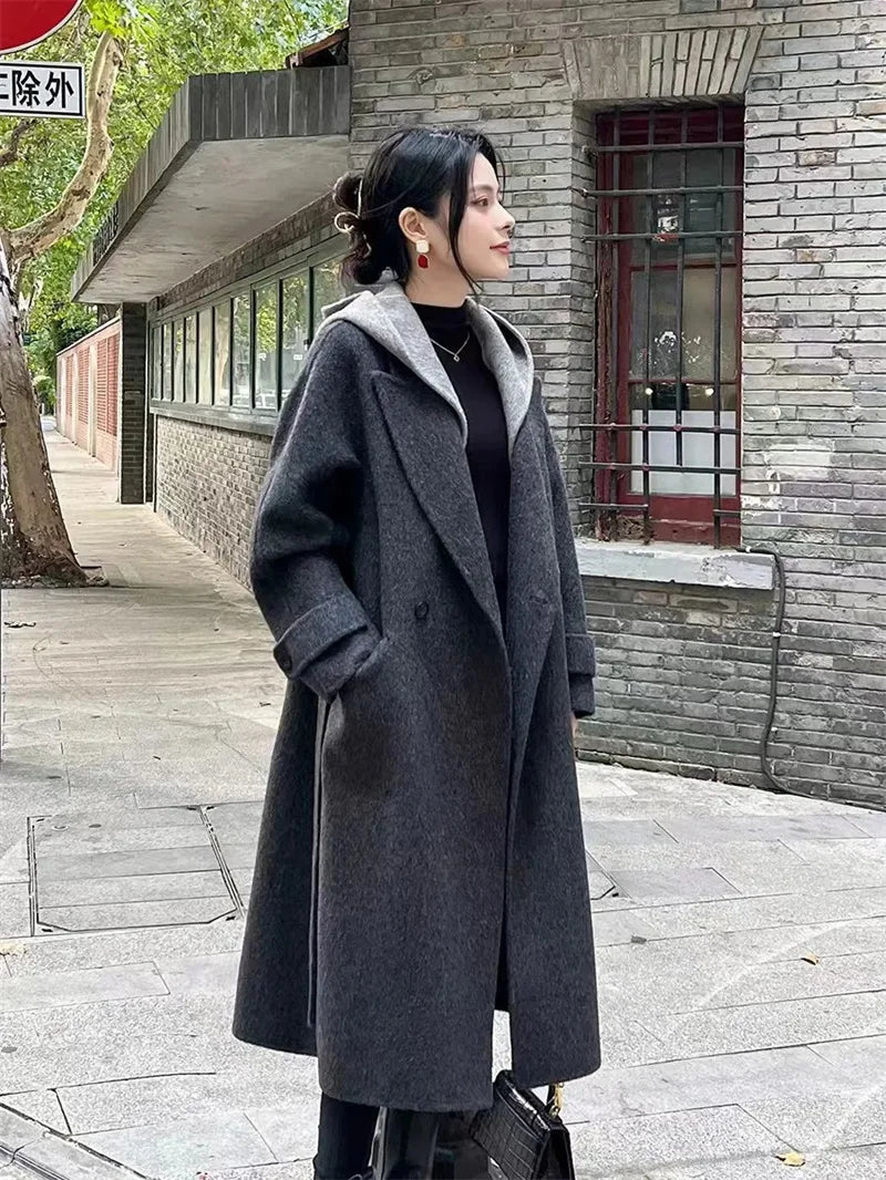 Giacca Invernale da Donna a Maniche Lunghe in Lana, Cappotto Casual di Alta Qualità per l'Autunno, Moda Coreana Femminile, Cappotto in Lana con Cappuccio e Vestibilità Comoda