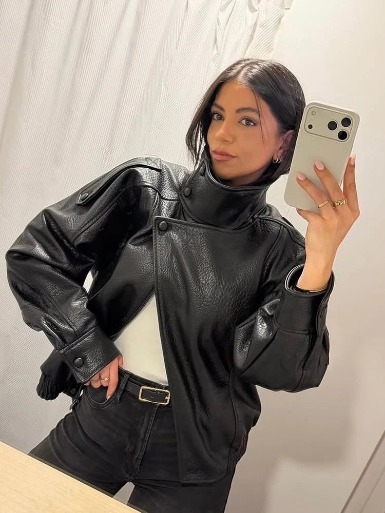 Giacche Corte in Ecopelle Nera alla Moda per Donne, Cappotti Oversize Retrò con Collo Alto e Maniche Lunghe, Abbigliamento Classico da Strada per Autunno e Inverno