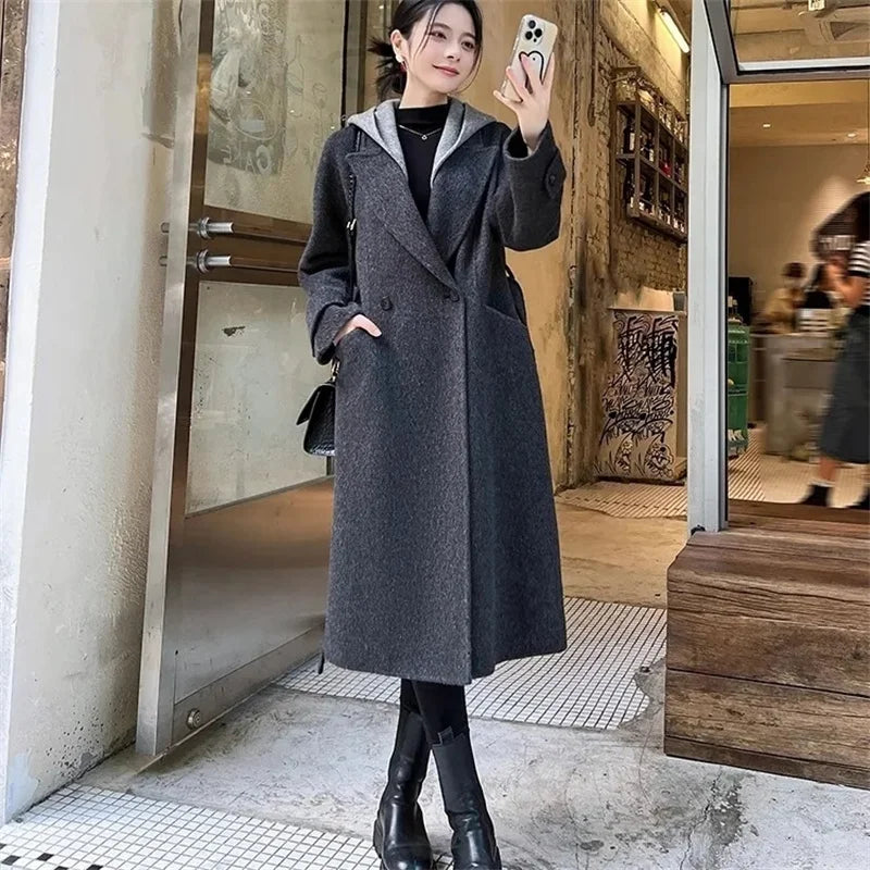 Giacca Invernale da Donna a Maniche Lunghe in Lana, Cappotto Casual di Alta Qualità per l'Autunno, Moda Coreana Femminile, Cappotto in Lana con Cappuccio e Vestibilità Comoda