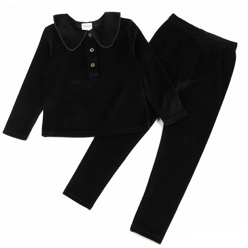 Abbigliamento invernale per neonati e bambini, set invernale da 2 pezzi per bambine, pantaloni per bambini, vestiti per bambine in velluto nero con collo verde.