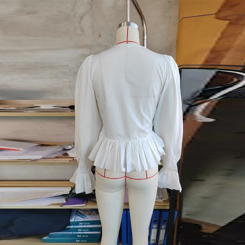 Camicetta Corta da Donna Versatile con Maniche a Lanterna Pieghettate, Orlo Irregolare con Volant, Chiusura Monopetto e Coulisse 2026