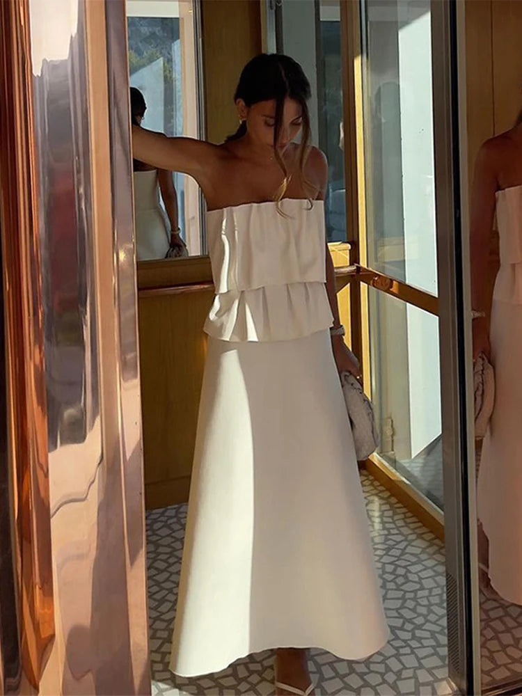 Abito lungo senza spalline con pieghe a strati sexy Abito da donna slim fit con spalle scoperte Abito senza maniche a trapezio Abito da sera estivo femminile