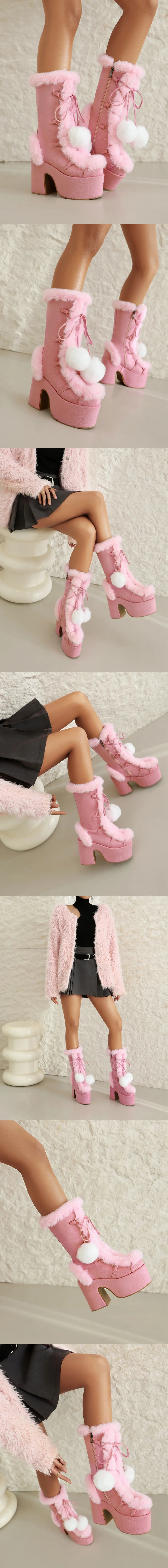Big Size 46 Winter y2k Pink Knee High Boots Women White Chunky Platform Boots Gothic Black Faux Fur Block High Heels Boots Shoe