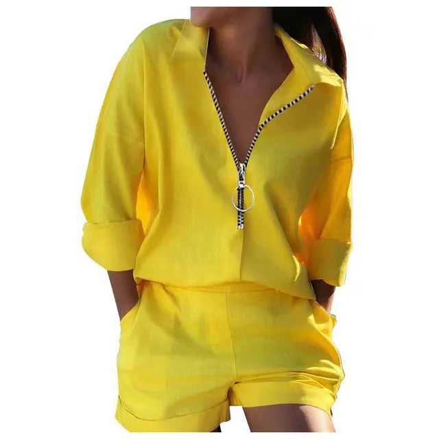 Camicie con stampa di lettere da donna estive Set da due pezzi Casual Collo rovesciato Manica lunga Camicette con cerniera Pantaloncini Abiti larghi Streetwear