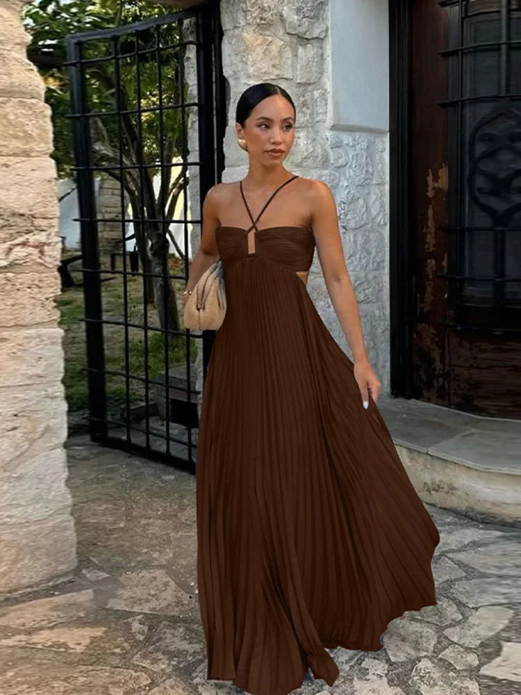 Abito Lungo Estivo da Donna con Scollo all'Americana e Pieghe, Senza Schienale, Senza Maniche, Blu, per Vacanze al Mare, Moda Femminile 2026, Vestito a Trapezio